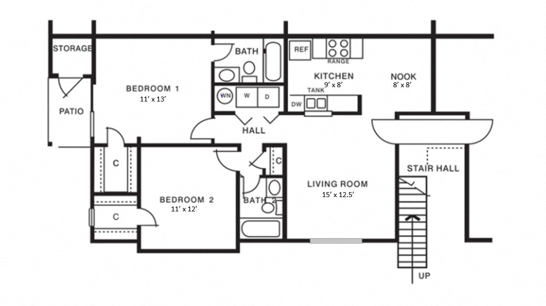 Floor plan for 2 beds, 2 baths, 1000 sqft